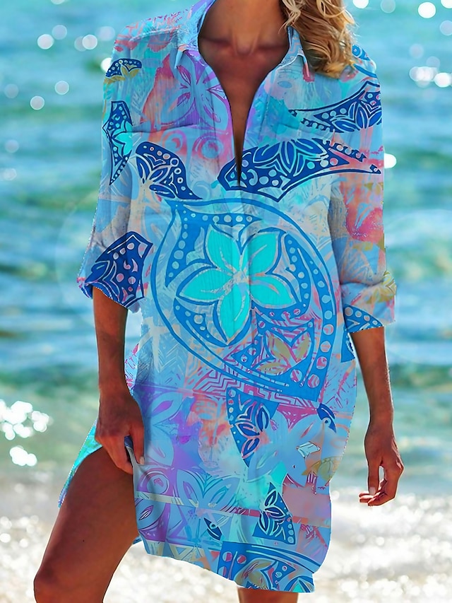  Dame Skjorte Bluse Grafisk Farvegradient Lomme Trykt mønster Daglig Ferie Weekend Ferie Gade Hawaiiansk Langærmet Krave Lyseblå Forår Efterår