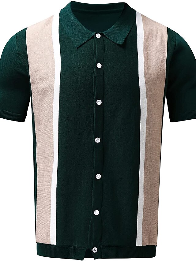 Mens Blue and White Zigzag Knit Button-Up Polo Shirt – Short Sleeve Summer Casual Resort Wear