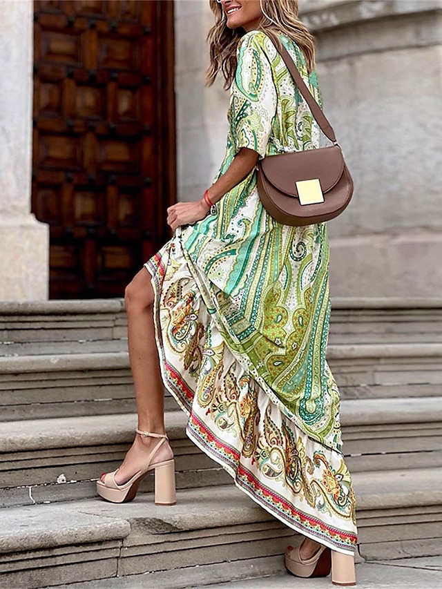  Női Maxi hosszú ruha hétköznapi ruha Boho elegáns ruhák Virágos Paisley Csehország Utcai sikk Szabadtéri Napi Szabadság Nyomtatott Féhosszú V-alakú Ruha Normál Lóhere Nyár Tavasz S M L XL
