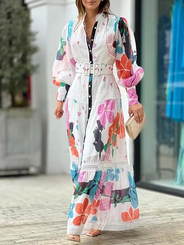  Women's Long Dress Maxi Dress Casual Dress Random Print Dress Spring Dress Floral Fashion Casual Outdoor Daily Vacation Lace Print Long Sleeve Stand Collar Dress Loose Fit White Summer