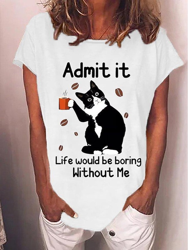 Women's T shirt Tee Cat Text Print Daily Weekend Basic Funny Short ...