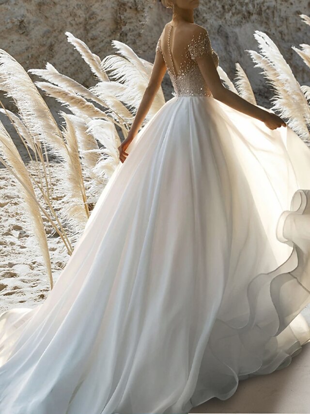 Wholesale Beach Formal Wedding Dresses A-Line Off Shoulder Short Sleeve Court Train Chiffon Bridal Gowns With Pleats Beading main image 0