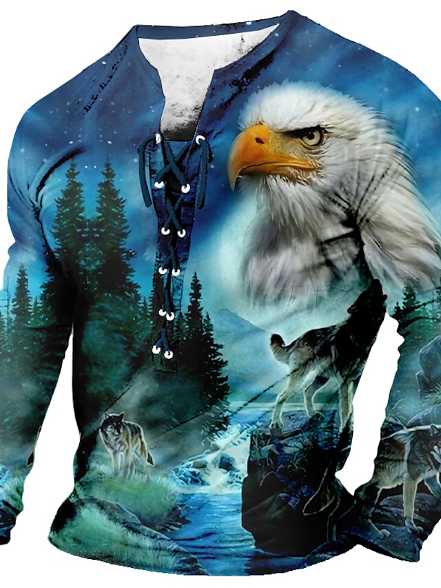  męska koszulka 3D z orłem i wilkami na co dzień | zielony zimowy poliester | męska koszulka z grafiką zwierzęcy kołnierzyk odzież odzież druk 3D codzienne sznurowanie z długim rękawem projektant mody