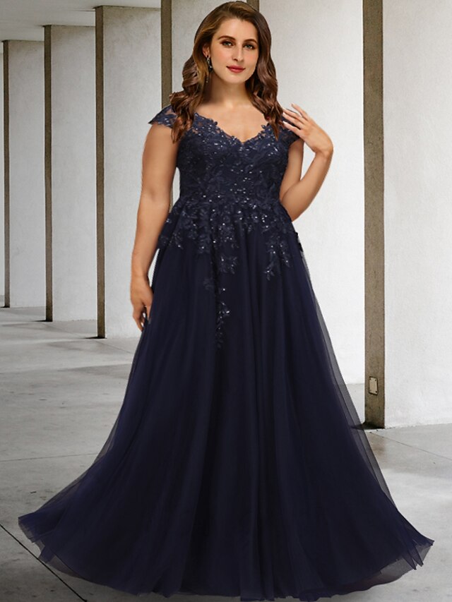 A-Line Plus Size Curve Mother of the Bride Dresses Elegant Dress Formal Floor Length Sleeveless V Neck Lace with Sequin Appliques