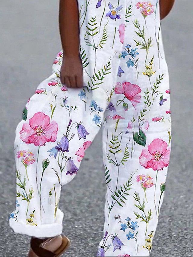White Jumpsuits for Women Casual Summer Overall Button Pocket Floral U ...