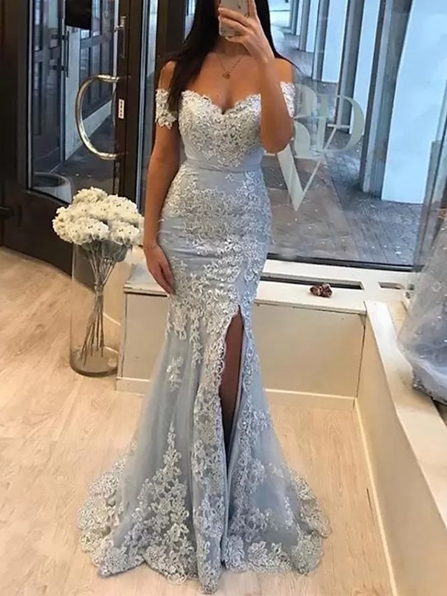  Mermaid Party Dress Prom Dresses Luxurious Dress Formal Wedding Guest Sweep / Brush Train Sleeveless Off Shoulder Tulle with Slit Appliques 2024