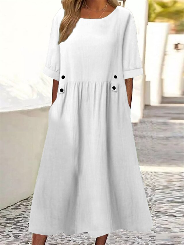 Women's Smock Dress Midi Dress Ruched Ruffle Trim Solid Basic Daily ...