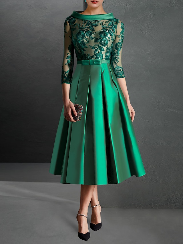  A-Line Cocktail Dress Red Green Dresses Formal Kentucky Derby Tea Length 3/4 Length Sleeve Jewel Neck Fall Wedding Guest Satin with Pleats Appliques 2024