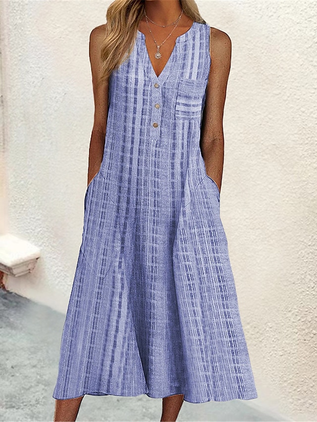 Women's Tank Dress Summer Dress Plaid Print Button V Neck Midi Dress ...