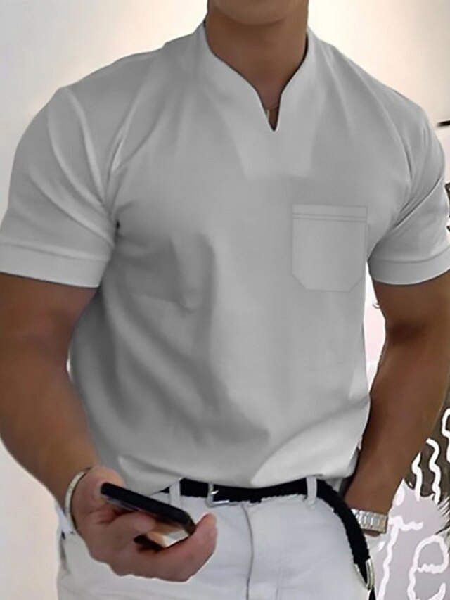  Herre T-shirt Tee Top Kortærmet V-hals Sommer Vanlig Mode Designer Basale Knapper Frontlomme Ferierejse I-byen-tøj Afslappet / Hverdag Sort Hvid Gul Top T-shirt til mænd