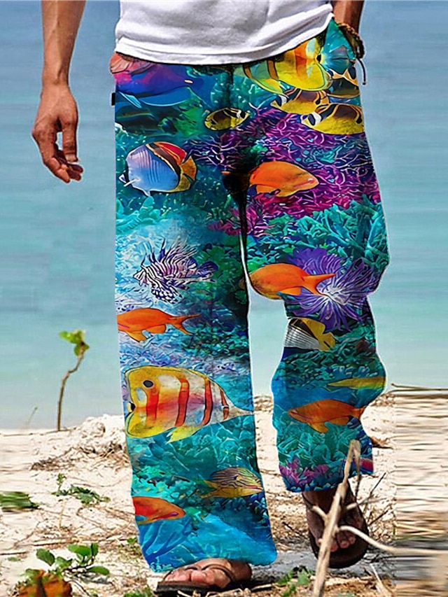  Men's Trousers Summer Pants Beach Pants Drawstring Elastic Waist 3D Print Graphic Prints Fish Ocean Comfort Casual Daily Holiday Cotton Blend Streetwear Hawaiian Red Blue