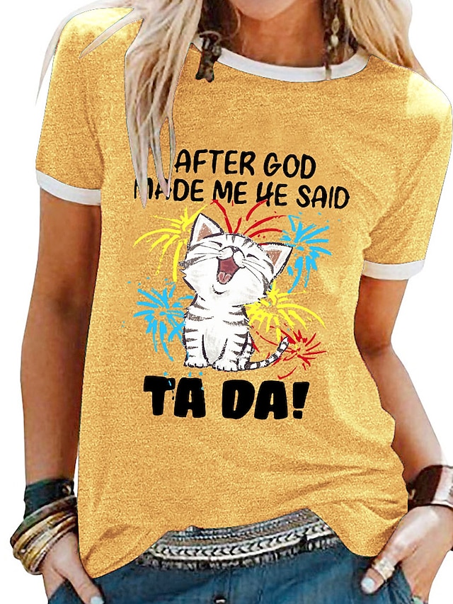  女性用 Tシャツ 猫 レタード 文字 ベーシック 半袖 ラウンドネック レギュラートップス 日常 週末 プリント ブラック イエロー ブルー パープル グリーン 春、夏、秋、冬