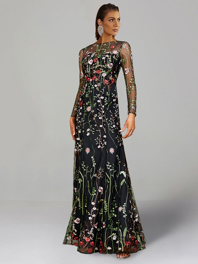  Sheath / Column Wedding Guest Dresses Floral Dress Semi Formal Garden Party Floor Length Long Sleeve Jewel Neck Fall Wedding Guest Tulle with Embroidery 2024