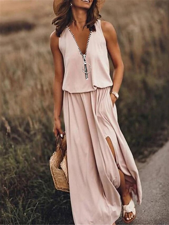 Women's Casual Dress Pure Color Zipper Pocket V Neck Maxi long Dress Basic Casual Daily Sleeveless Summer Spring4