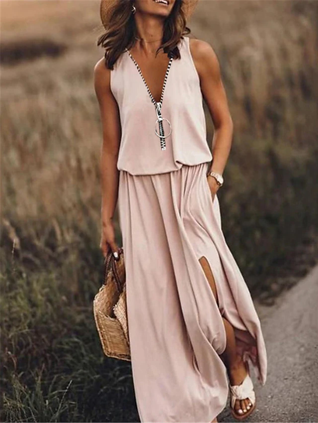 Women's Casual Dress Pure Color Zipper Pocket V Neck Maxi long Dress Basic Casual Daily Sleeveless Summer Spring4