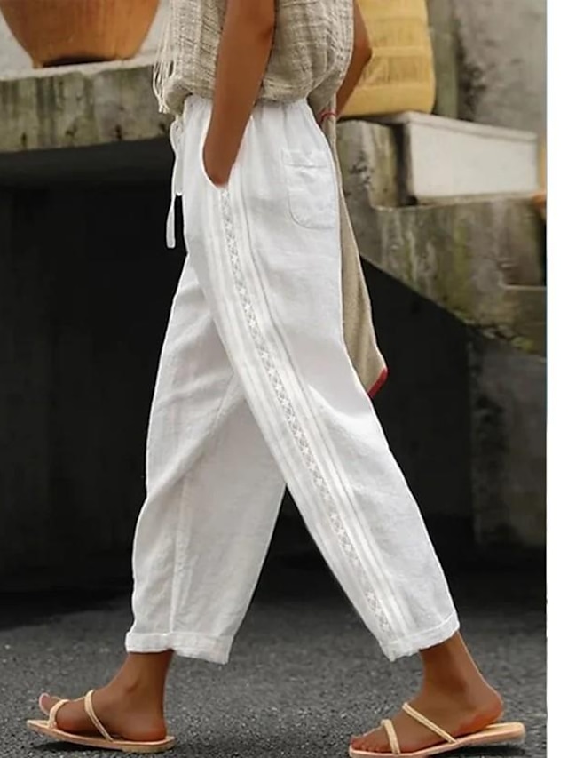  Γυναικεία Λευκά παντελόνια Φαρδύ παντελόνι Μείγμα Λινό / Βαμβάκι Πλαϊνές τσέπες Σακουλιασμένος Μέχρι τον αστράγαλο Μαύρο Καλοκαίρι