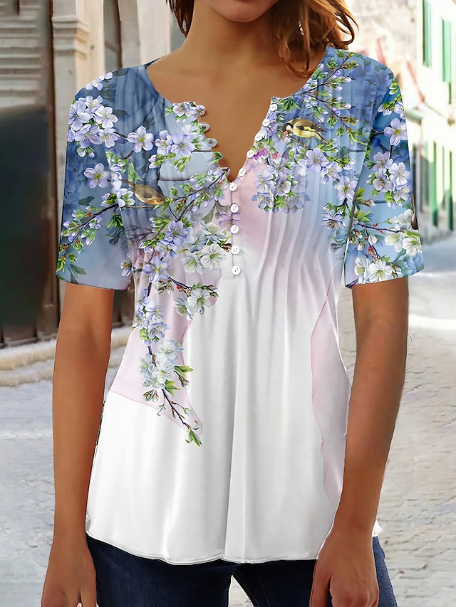Women's Shirt Blouse White Floral Button Print Short Sleeve Casual ...