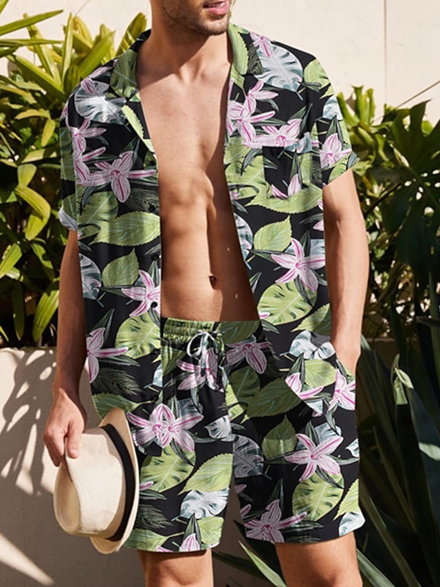  Men's Summer Hawaiian Shirt Shirt Set Graphic Prints Leaves Cuban Collar Green Street Casual Short Sleeve Print Clothing Apparel Tropical Fashion Hawaiian Designer