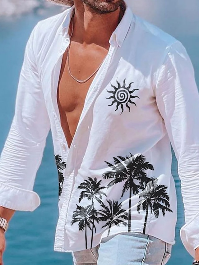  Men's Summer Shirt Beach Shirt White Blue Khaki Long Sleeve Tree Lapel Spring & Summer Hawaiian Holiday Clothing Apparel Print