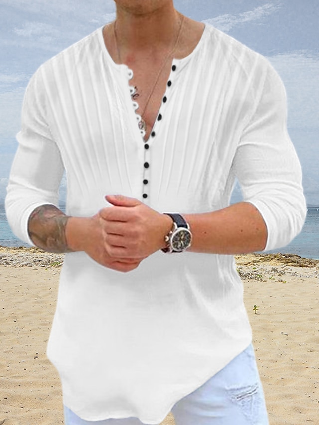  Herr Skjorta Popover skjorta Casual skjorta Sommarskjorta Strandskjorta Svart Vit Blå Långärmad Slät Rund hals Gata Dagligen Kläder Mode Ledigt Bekväm