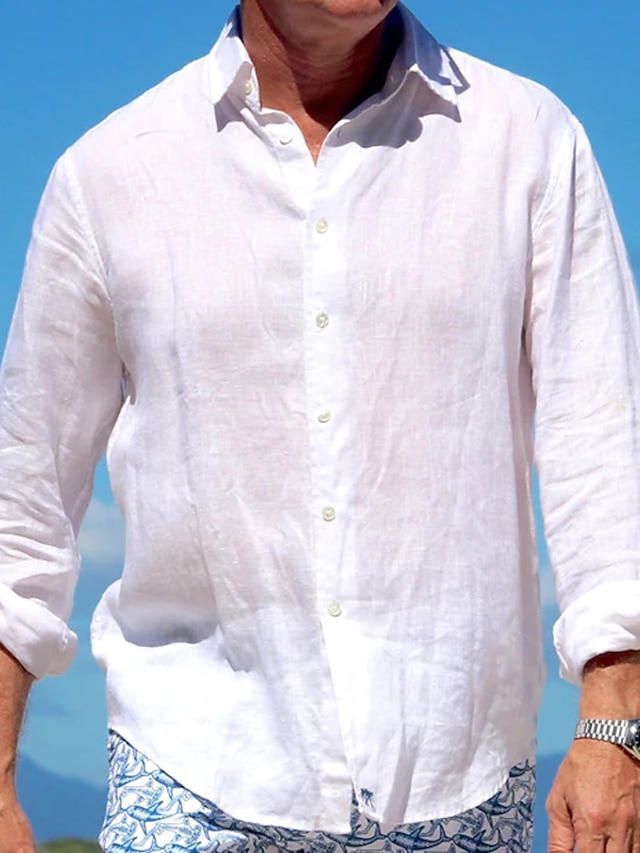  Hombre camisa de lino Camisa de verano Camisa de playa Cuello Vuelto Primavera verano Manga Larga Negro Blanco Azul Oscuro Plano Festivos Vacaciones Ropa