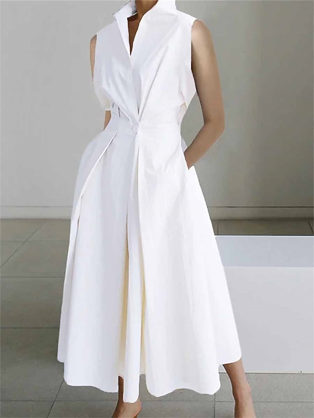  Women's Shirt Dress Swing Dress Maxi Dress Cotton Linen Button Pocket Elegant Solid Shirt Collar Sleeveless Summer Spring White