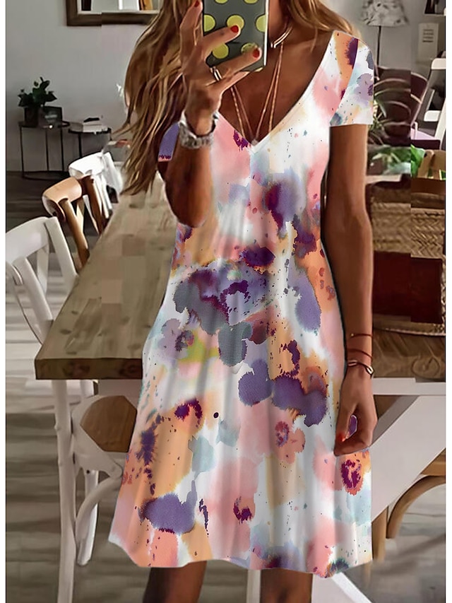  Kvinne Mini Kjole Petite Kjole T-skjorte Kjole Tee Kjole Selsommar Kjole A-linje Kjole Søt Utendørs Ferie Fødselsdag Vanlig Passform Blomster Kort Erme V U Hjem Svart Hvit Rosa Vin Sommer