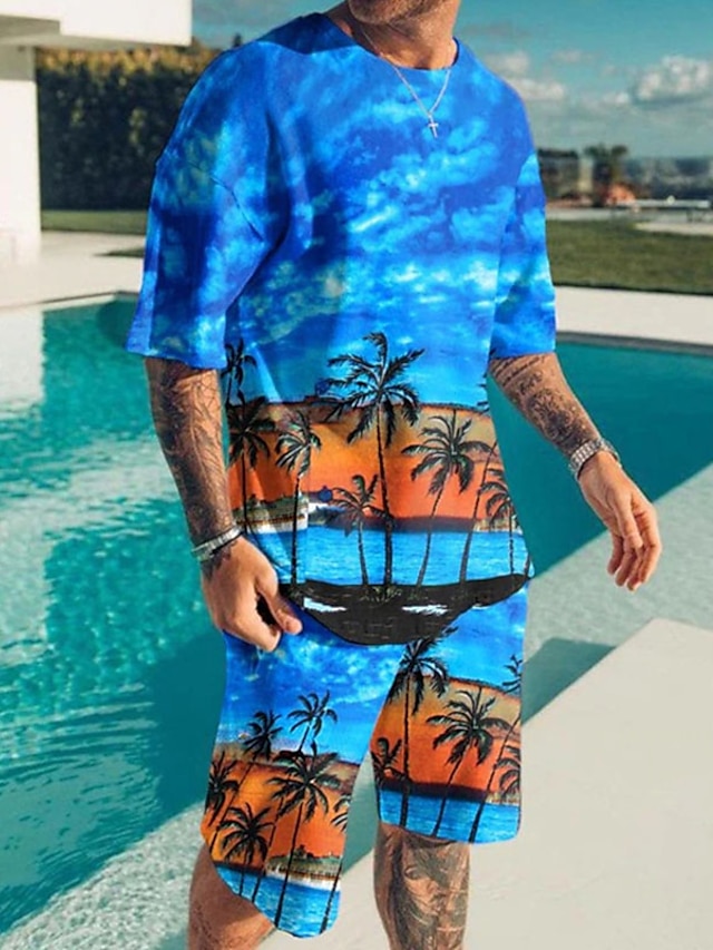  Ανδρικά Σετ σορτς και μπλουζάκι T-Shirt Outfits Μπλουζάκι παραλίας Γραφική Δέντρο καρύδας Παραλία Στρογγυλή Ψηλή Λαιμόκοψη Ρούχα 3D εκτύπωση ΕΞΩΤΕΡΙΚΟΥ ΧΩΡΟΥ Καθημερινά Κοντομάνικο 3D εκτύπωση 2