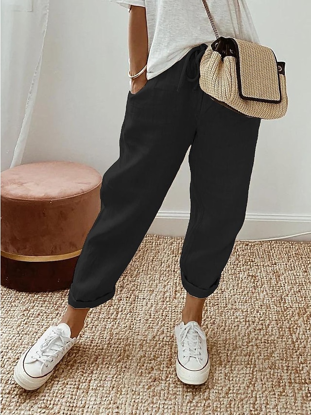 Women's Baggy Pants Side Pockets Baggy Full Length Black Summer 2024
