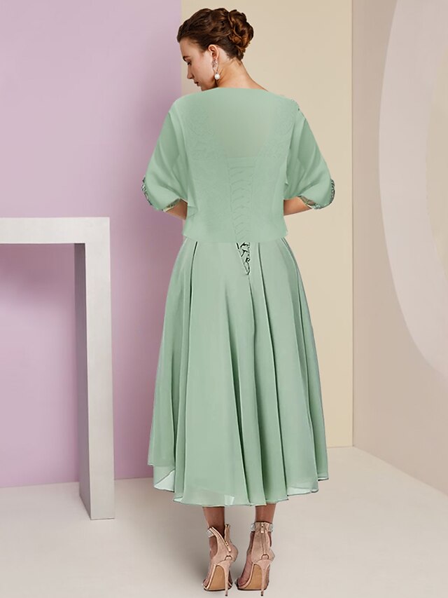 A-Line Mother of the Bride Dress Wedding Guest Elegant High Low Scoop Neck Asymmetrical Tea Length Satin Lace 3/4 Length Sleeve with Pleats Appliques