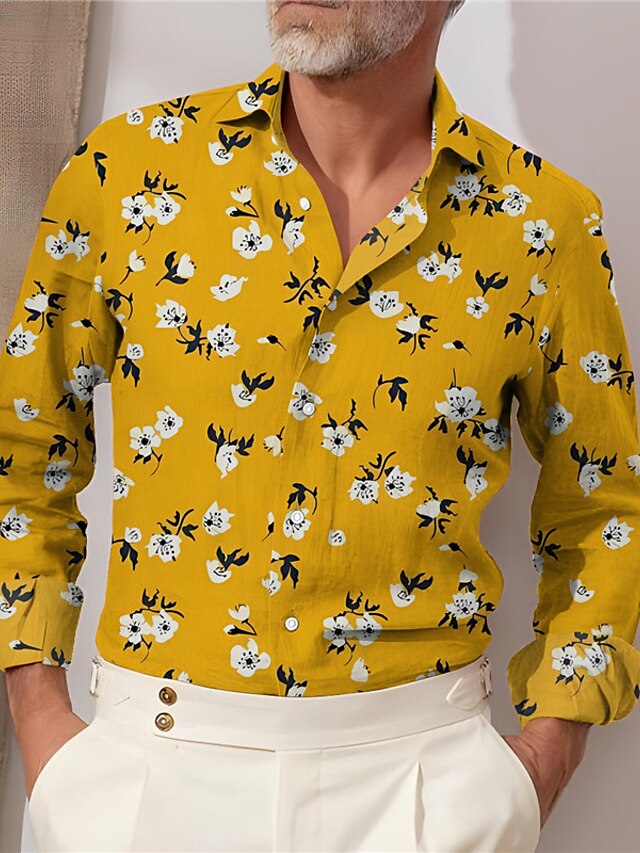  Men's Shirt Floral Graphic Prints Turndown Yellow Blue Outdoor Street Long Sleeve Button-Down Print Clothing Apparel Fashion Streetwear Designer Soft
