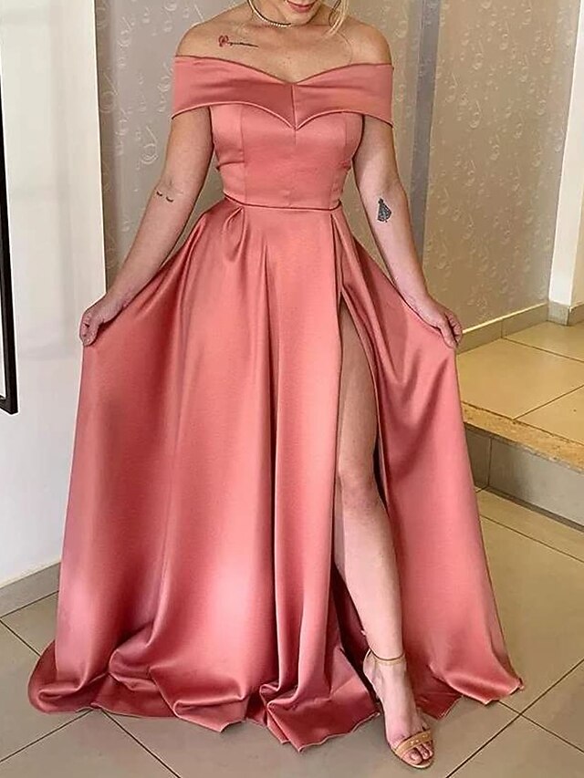 Women's Off The Shoulder Satin Prom Dresses Long with Pockets A line