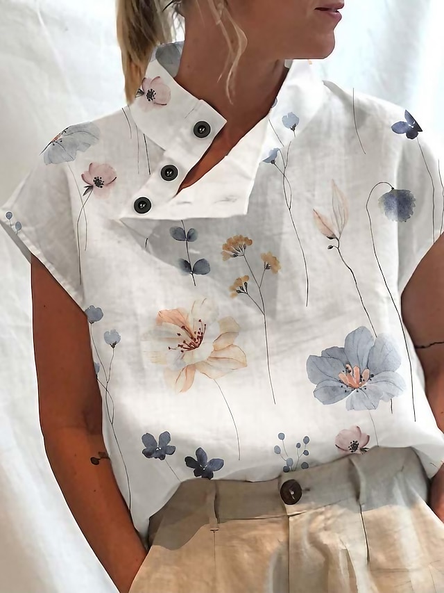  Damen Hemd Bluse Rollkragenhemd Blumen Taste Bedruckt Casual Festtage Basic Kurzarm Stehkragen Weiß