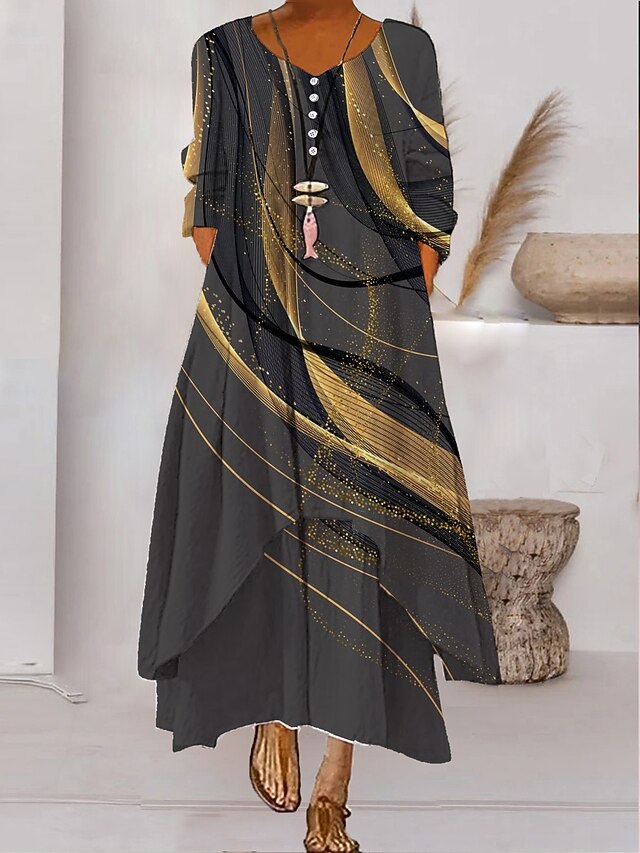 Women's Color Block Long Maxi Dress Button Layered Casual Dress Swing