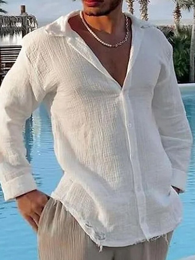 Men's Linen Shirt Summer Shirt Beach Shirt White Blue Khaki Long Sleeve ...