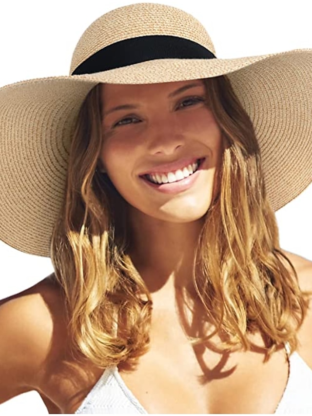  1 PC Womens Sun Straw Hat Wide Brim UPF 50 Summer Hat Foldable Roll up Floppy Beach Hats for Women