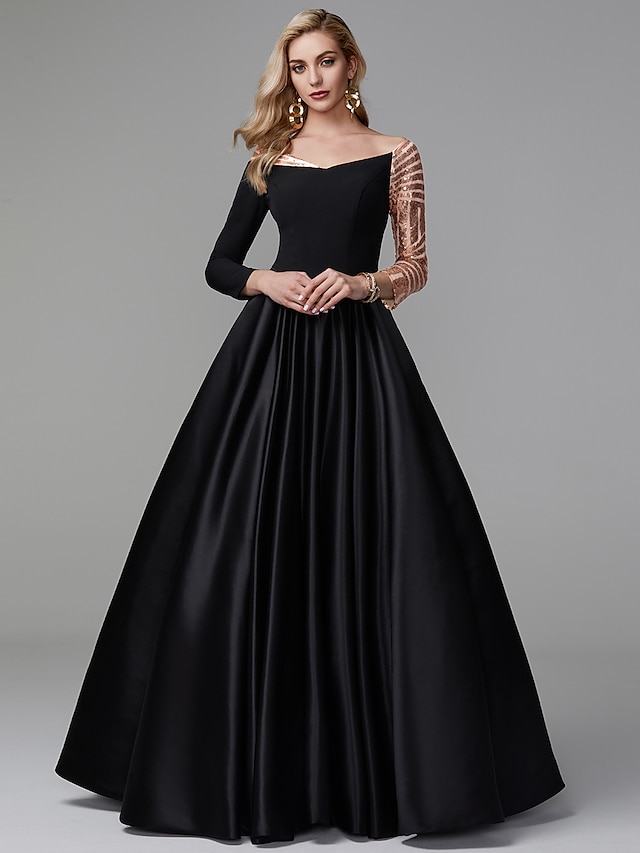  baljurk zwarte jurk vintage quinceanera formele avond vloerlengte lange mouw off-shoulder satijn met pailletten 2024