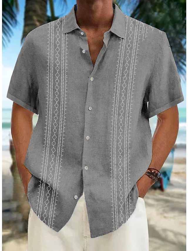 رجالي قميص Guayabera قميص غير رسمي قميص صيفي قميص الشاطئ أبيض أزرق كاكي كم قصير مخطط Lapel للربيع والصيف ستايل هاواي مناسب للعطلات ملابس طباعة