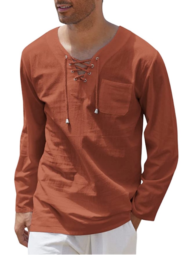  Men's Cotton Linen Shirt Summer Shirt Beach Shirt Dark Red Long Sleeve Plain V Neck Summer Casual Daily Clothing Apparel Pocket