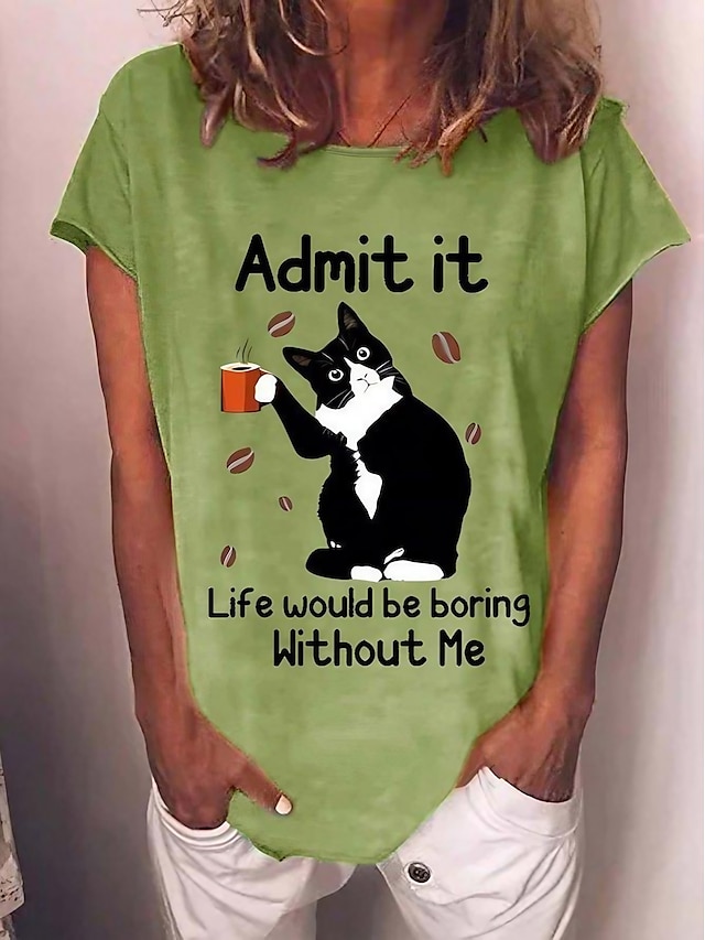  Damen T Shirt Katze Text Täglich Wochenende Bedruckt Weiß Kurzarm Basic Lustig Rundhalsausschnitt