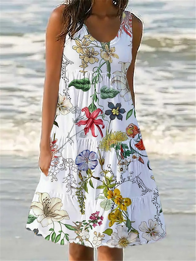 Women's Casual Dress Sundress Tank Dress Floral Print Crew Neck Midi ...