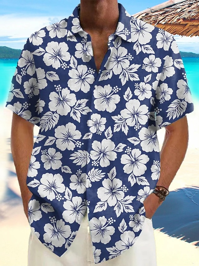  Homens Camisa casual camisa de verão camisa de praia Camisa havaiana Vermelho Azul Verde Manga Curta Flor / Plantas Lapela Primavera Verão Havaiana Feriado Roupa Imprimir
