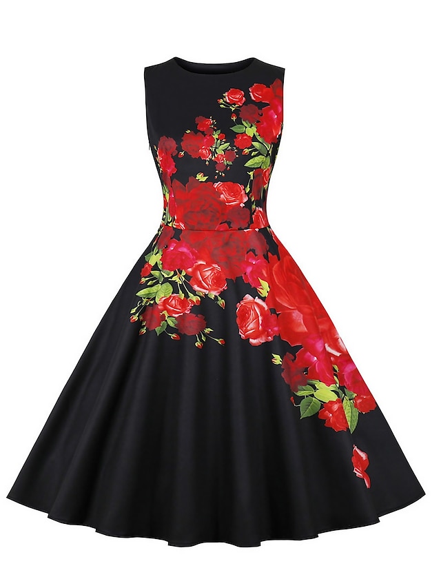  Women's Retro 1950s Vintage Dress Midi Dress Daily Holiday Ruched Bow Floral Crewneck Sleeveless V Summer Spring Deep Purple Black