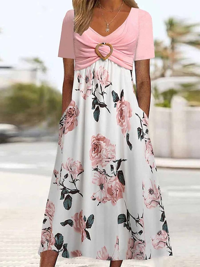  Naisten A linjainen mekko Pinkki mekko Kukka Tasku Painettu V kaula-aukko Midimekko Päivittäin Lyhythihainen Kesä Kevät