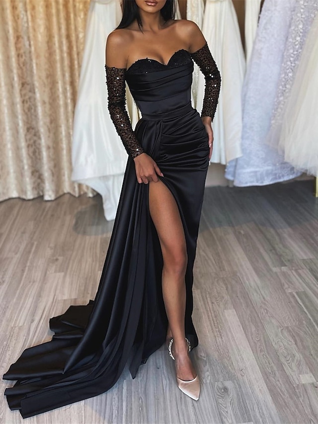  vestido preto sereia vestido de noite vestido preto vintage formal festa de casamento tribunal trem manga longa fora do ombro cetim com fenda de lantejoulas franzidas 2024