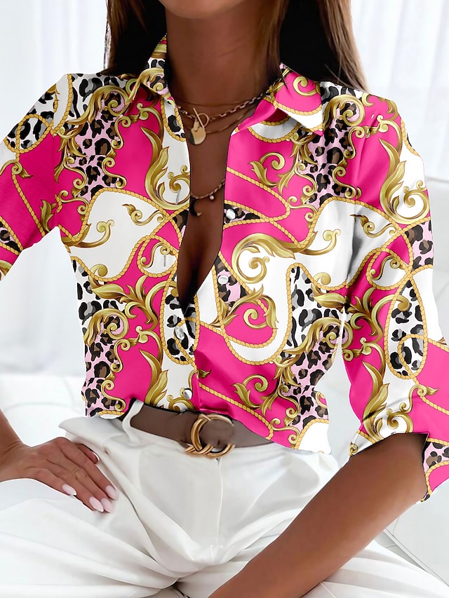  Per donna Camicia Blusa Leopardo Pulsante Stampa Informale Essenziale Manica lunga Colletto Rosa Primavera Autunno