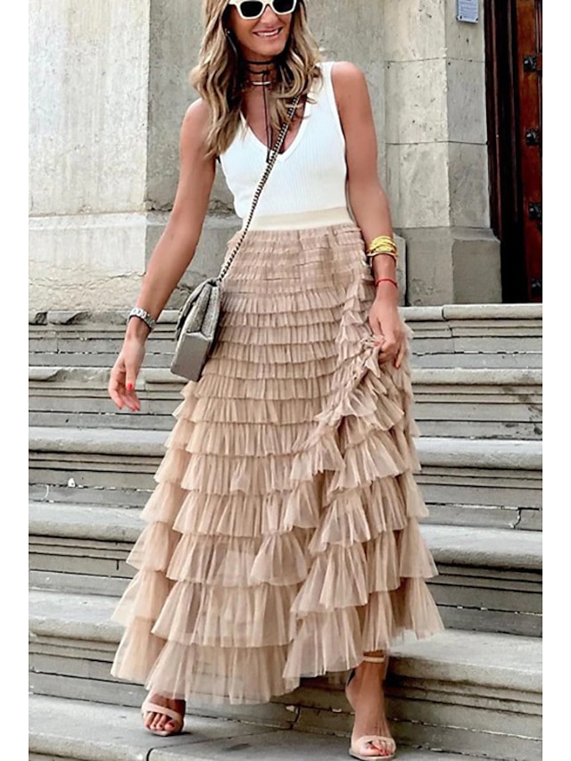  Women's Trumpet / Mermaid Long Skirt Maxi Skirts Ruffle Tulle Solid Colored Vacation Casual Daily Spring & Summer Polyester Tulle Summer Black White Pink Khaki