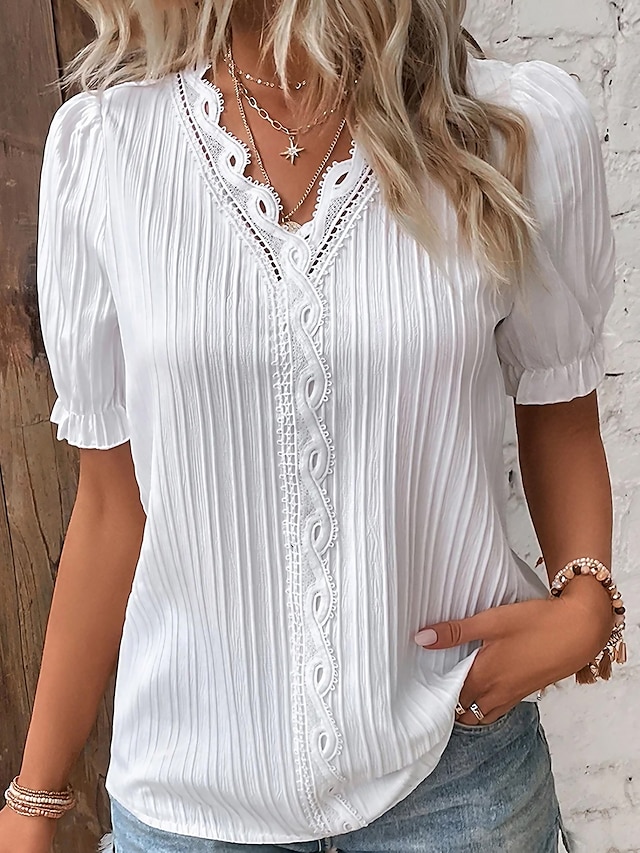  Women's Lace Shirt Blouse Plain Casual Contrast Lace Patchwork White Short Sleeve Elegant Basic V Neck Summer