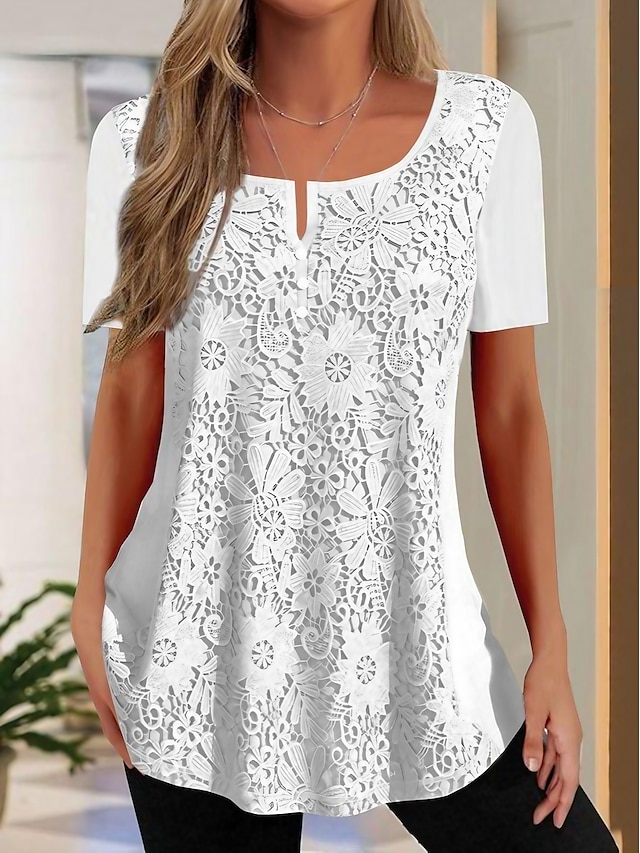  Women's Shirt Lace Shirt Blouse Plain Lace Casual Basic Short Sleeve V Neck White