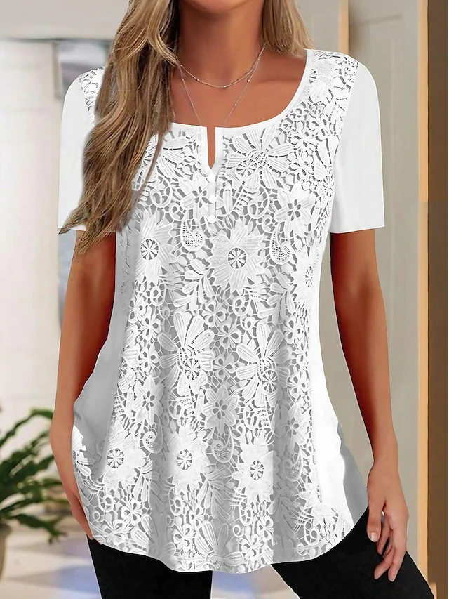 Women's Lace Shirt Shirt Blouse Plain Casual White Lace Short Sleeve ...